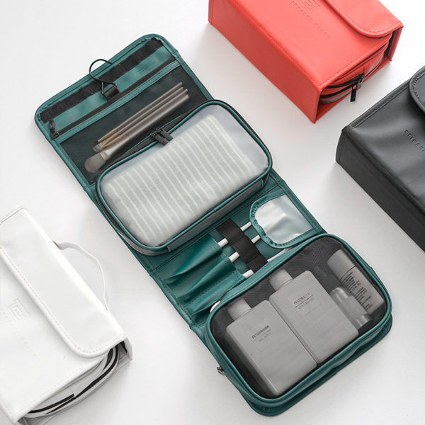 HMUNII New Fashion Women's PU Leather Waterproof Toiletries Storage Bag Beauty Organizer  Foldable Travel Accessories Unisex
